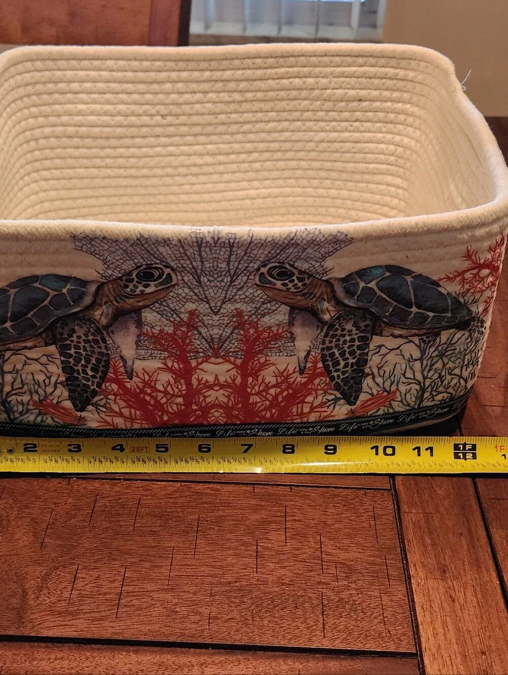 handmade rope basket with nautical print sea turtles with handles10x12x6